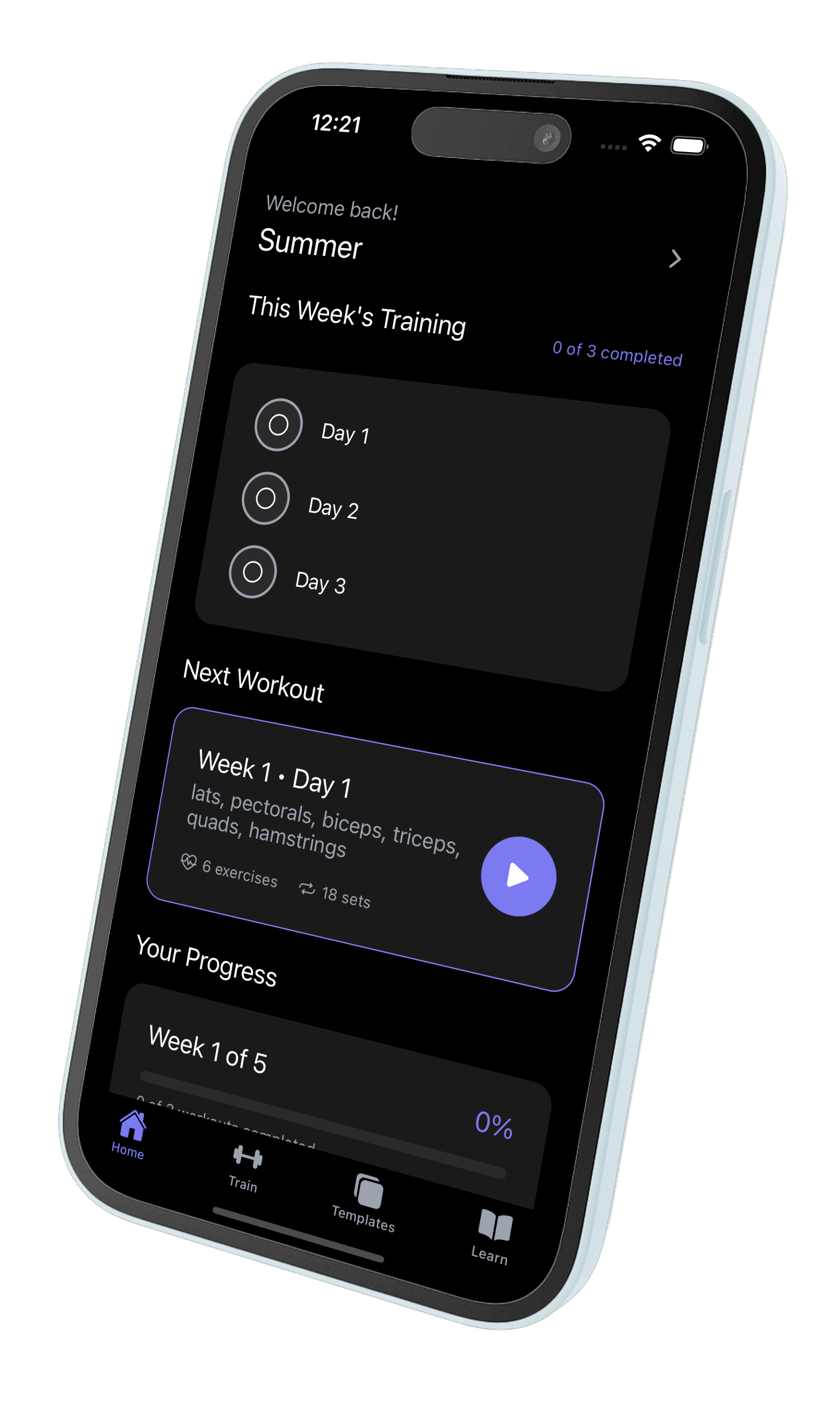 MesoTrack app interface showing workout tracking and periodization